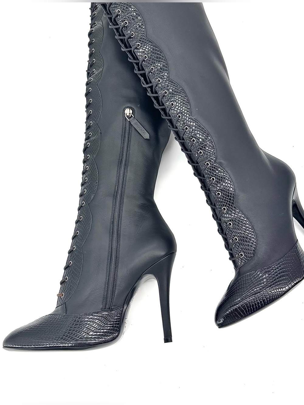 Gucci Harriet Thigh High Snake Emboss Pointed Toe Heeled Boots 39 - Picture 8 of 10